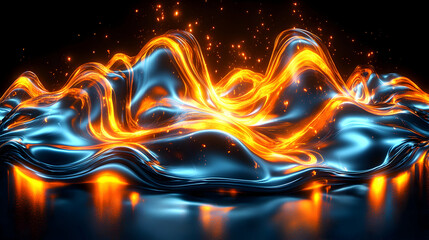 Fototapeta premium Abstract digital art of swirling, luminous blue and orange liquid, resembling fire and ice, with sparks. Perfect for backgrounds or design.