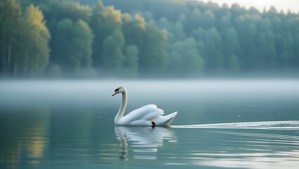Fototapeta premium Graceful Swan on Misty Lake at Dawn