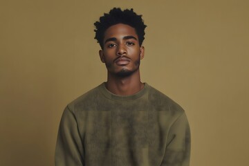 Fototapeta premium handsome man with a stylish look, short afro hairstyle, and green sweater posing against a minimalist background