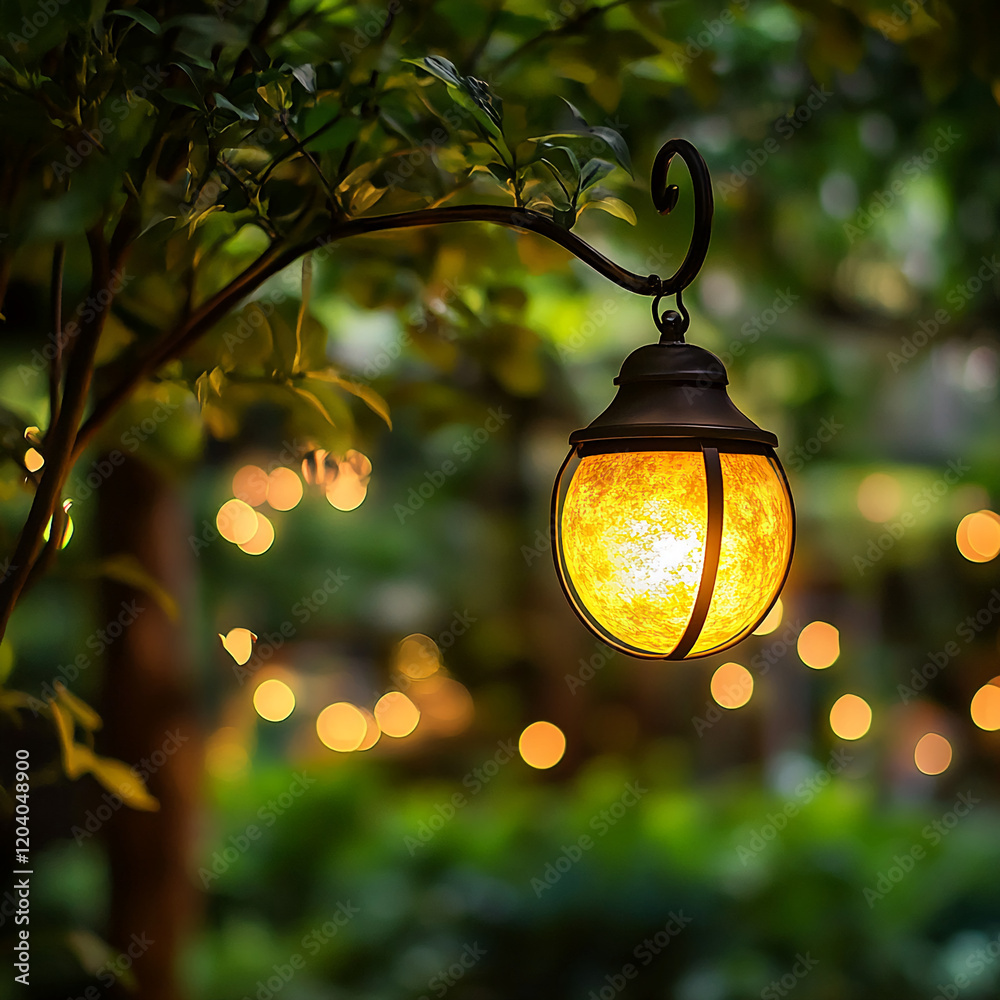 Poster Illuminated garden lantern hanging on a tree branch with a bokeh background