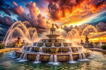 Surreal Sky Fountain: Celestial Water Cascade, Dreamlike Fantasy Landscape