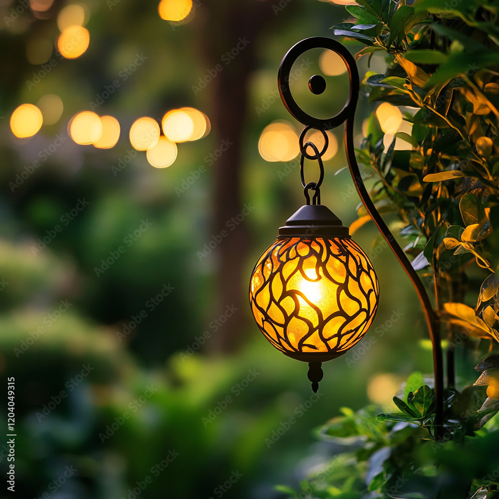 Poster Decorative lantern hanging in the garden with soft glowing light and bokeh background