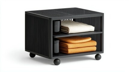 Minimalist Black Storage Table with Open Shelves for Organizing Towels and Home Accessories