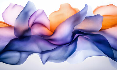 Fototapeta premium Abstract image of flowing, translucent fabric in shades of purple, orange, and blue. Perfect for design backgrounds or artistic projects.