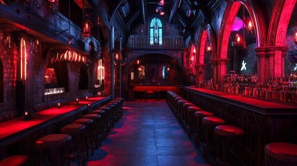 Obraz premium Gothic bar interior, red lighting, night, party