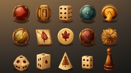 Colorful board game tokens and dice arranged on a neutral background showcasing various shapes and designs