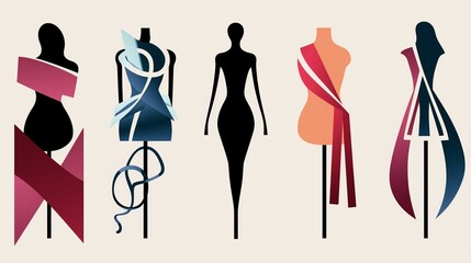 Fashion design display featuring diverse dress forms and creative fabric manipulations in modern style