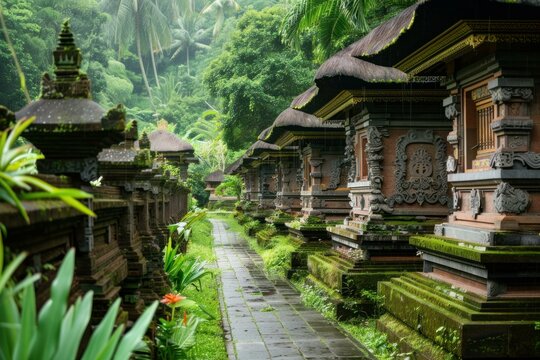 Moss covered shrines and lush greenery create a serene atmosphere at gunung kawi sebatu temple in bali