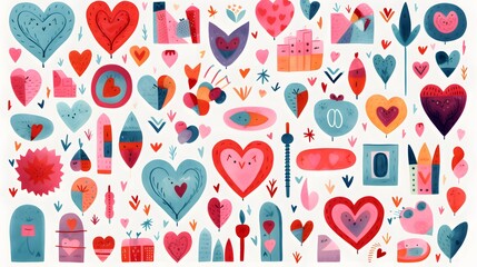 Colorful abstract art featuring hearts and whimsical shapes created in a playful style for decor or celebration