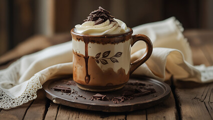 A frothy keto bulletproof coffee topped with a swirl of cream, served in a rustic mug on a small wooden tray with a cozy napkin