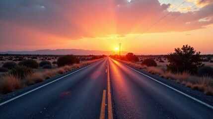Fototapeta premium A scenic highway stretches towards a vibrant sunset, bathed in warm hues of orange and pink, with a tranquil landscape on either side.