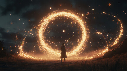 A celestial oracle forecasting the alignment of glowing planets in a cosmic dance. (3)