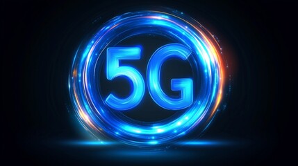 Bright blue and orange glowing 5G logo illuminated against a dark background showcasing modern technology advancement