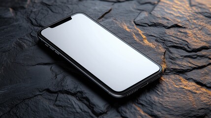 Modern smartphone mockup with a blank white screen placed on textured black stone surface for design presentations
