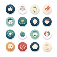 Diverse collection of circular icons representing various emotions and human expressions designed for creative projects