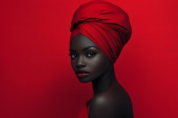 red background with striking portrait of an elegant woman showcasing vibrant colors and African...