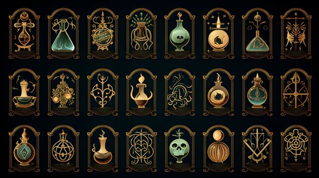 Intricate collection of alchemical symbols and potion bottles displayed in a dark-themed layout