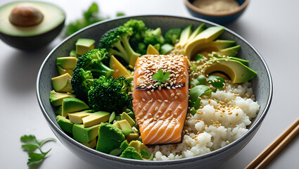 A colorful keto Buddha bowl with grilled salmon, steamed broccoli, cauliflower rice, sliced avocado, and a sprinkle of sesame seeds, styled with a minimalistic background