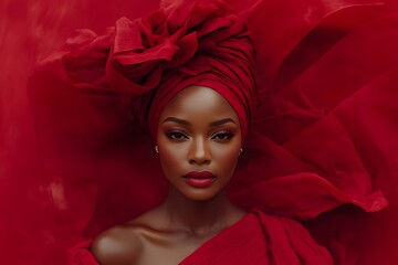 red background with striking portrait of an elegant woman showcasing vibrant colors and African...