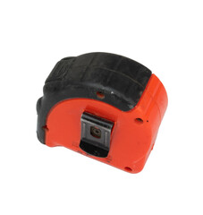 Old isolated orange and black measuring tape with scratches
