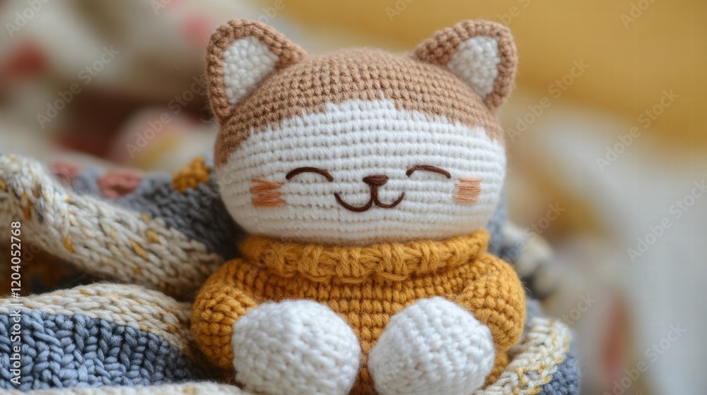 Poster cute crocheted cat toy with a warm sweater resting on a colorful blanket in a cozy indoor setting. g