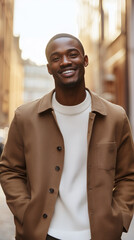 Obraz premium Smiling man standing outdoors with soft sunlight and urban buildings in the background, radiating confidence, positivity, and urban lifestyle vibes