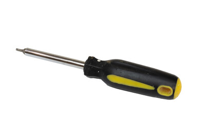 Old isolated square Robertson screwdriver with black and yellow handle many scratches
