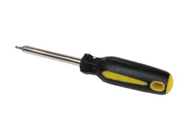 Old isolated square Robertson screwdriver with black and yellow handle many scratches
