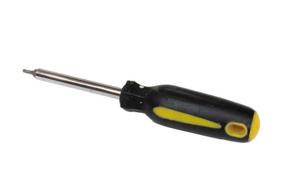 Old isolated square Robertson screwdriver with black and yellow handle many scratches
