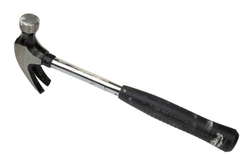 Isolated old steel hammer tool with many scratches and spots of paint
