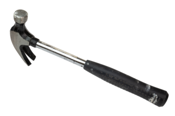 Isolated old steel hammer tool with many scratches and spots of paint
