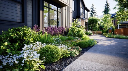 Obraz premium Modern Home Landscaping Design Peaceful Garden Flowers Plants