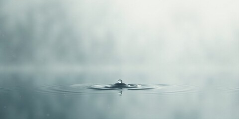 Serene Water Drop Impacting Still Surface, Creating Concentric Ripples in Misty Atmosphere