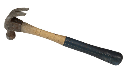 Isolated old wooden hammer tool with many scratches and spots of paint
