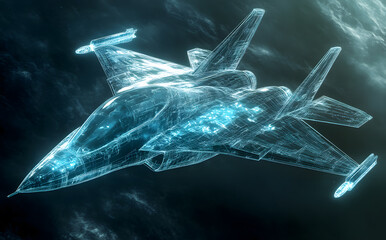 Futuristic Fighter Jet Wireframe in a High-Tech Virtual Environment