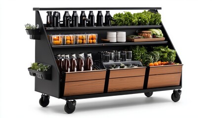 Modern Produce Display Cart with Fresh Vegetables, Juices, and Fruits in a Contemporary Market Setup