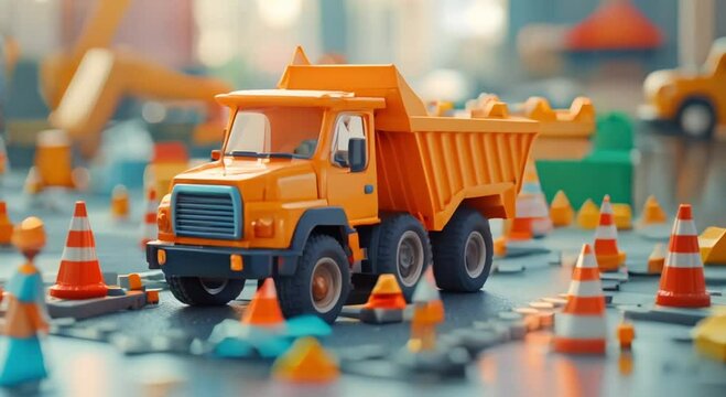 Bright orange toy dump truck surrounded by miniature cones and road construction setup, playful and detailed model scene designed for creativity, learning, and fun.