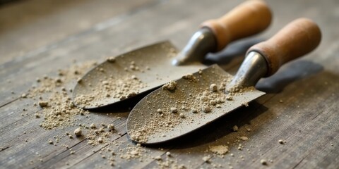 Two weathered garden trowels rest on a rustic wooden surface, speckled with soil remnants.  The tools exhibit signs of past use and are coated with a fine layer of earth.