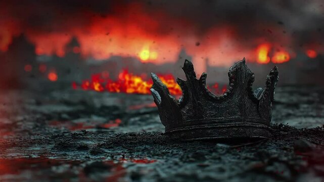 Damaged crown on the ground, surrounded by dark atmosphere, war concept, blurry war and flames on the background