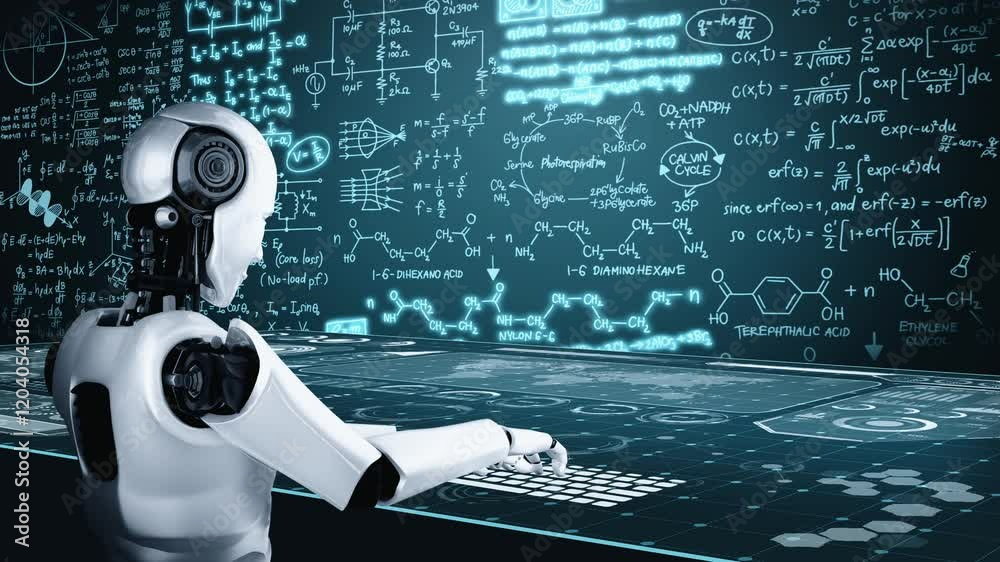 Poster robot hominoid use laptop and sit at table for engineering science studying using ai thinking brain 