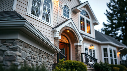 Luxury Home Exterior at Dusk: Modern Architecture and Landscaping