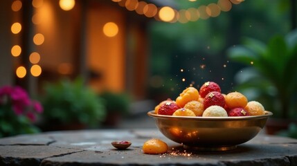 Naklejka premium Aromatic Sweets in a Golden Bowl, Illuminated by Festive Lights