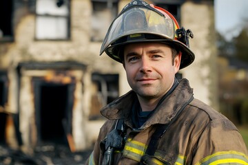 Fototapeta premium firefighter portrait with heroic figure wearing a helmet in an emergency response scene showcasing bravery and disaster recovery