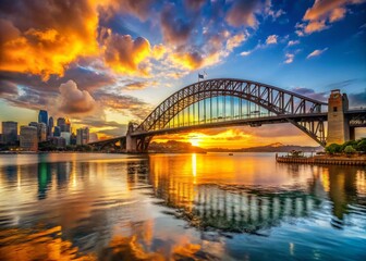 Naklejka premium Sydney Harbour Bridge Sunset Panorama: Darling Harbour Cityscape Golden Hour