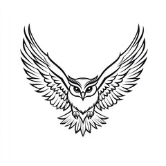 Obraz premium Owl in flight, black and white line art, graphic design, artistic