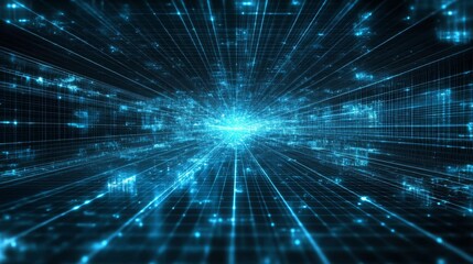 Futuristic digital grid with glowing blue tech lights in deep space