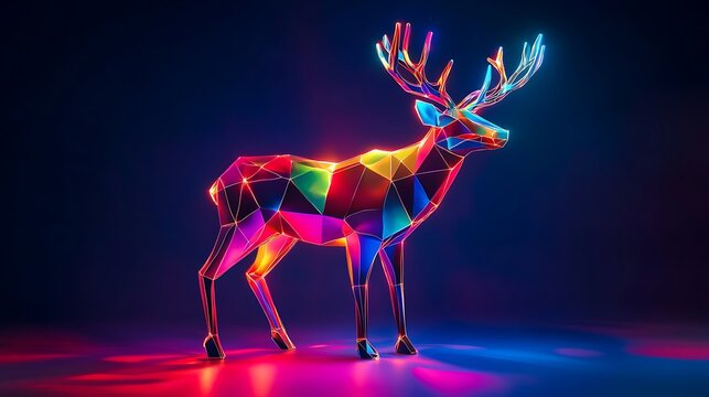 Geometric reindeer sculpture with pulsating led lights isolated on a colorful background