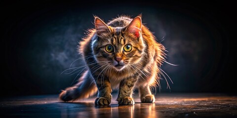 Terrified Cat, Arched Back, Long Exposure, Pet Fear, Night Photography