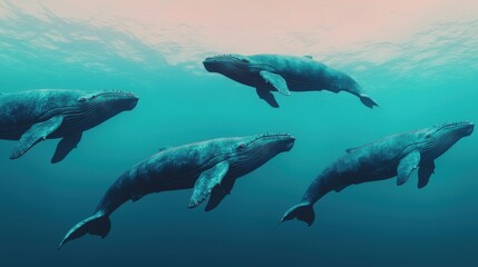 Fototapeta premium Floating whales swim through the sky above a calm ocean in a surreal landscape of pastel tones