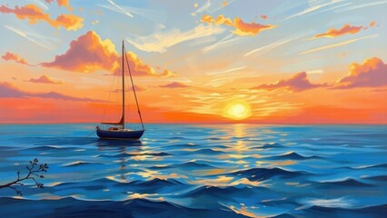 Fototapeta premium serene sailboat floating on calm waters and blue beach